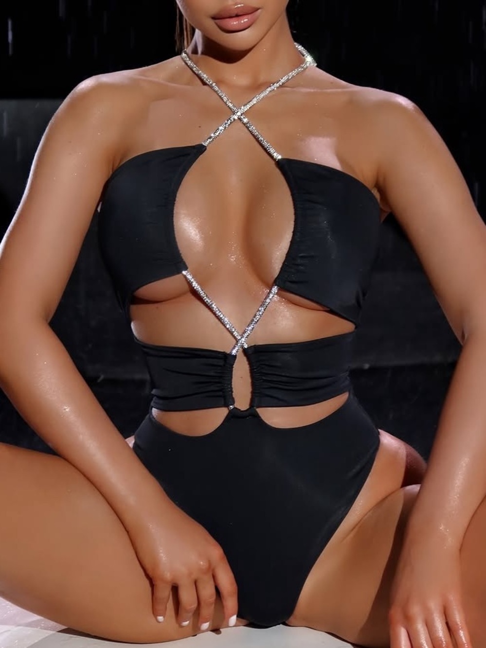 Black Cutout One-Piece Swimsuit with Rhinestone Straps